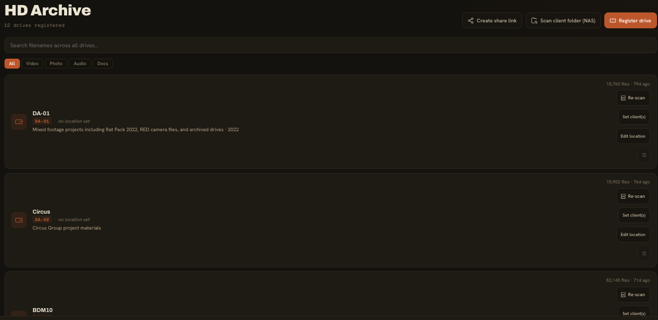 HD Archive showing registered drives and a search field for filenames across all drives