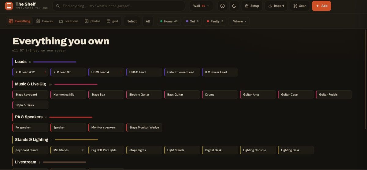 Everything you own — all gear grouped by category on one screen
