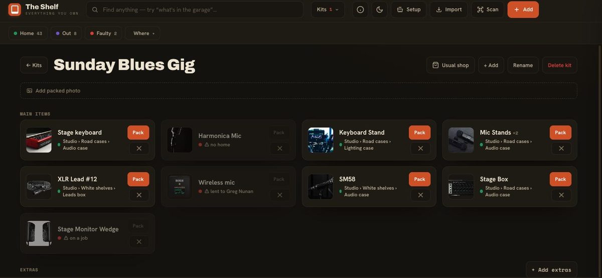A kit in The Shelf with unavailable items greyed out and reasons shown